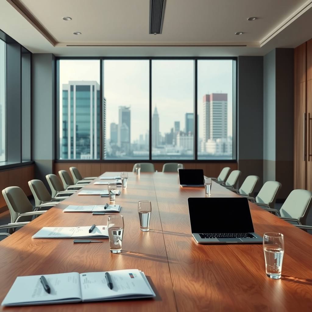 Board room table with reports and laptops before an investor meeting