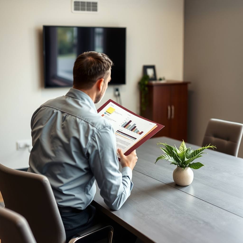 Operating partner and sales leader reviewing a printed plan with charts in a quiet boardroom