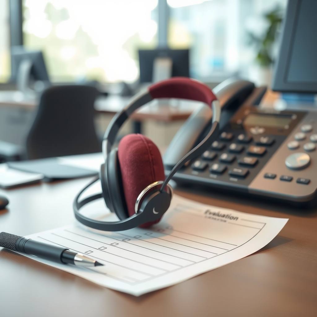 Desk phone and headset beside a printed call evaluation form in a quiet sales office