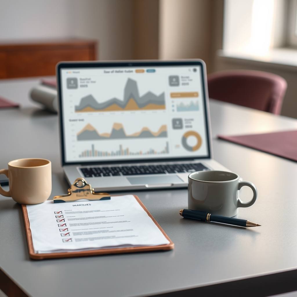 Laptop showing an abstract software dashboard on a meeting table with a printed checklist beside it