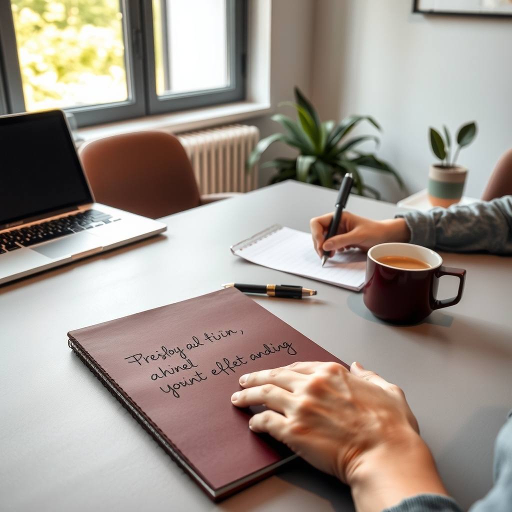 Notebook with handwritten questions beside a laptop on a conference table during a B2B discovery call