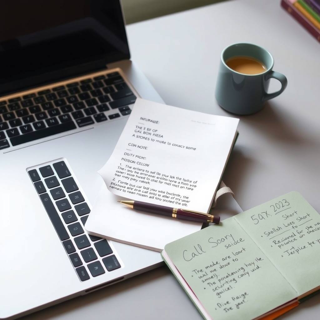 A laptop showing a short email draft beside a notebook of handwritten call notes on a wooden desk