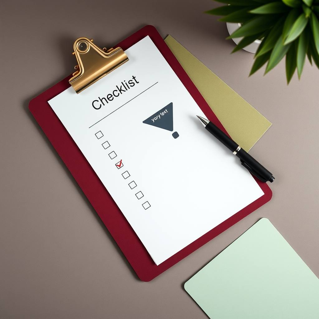 Clipboard checklist, pen and printed sales funnel diagram laid out on a desk