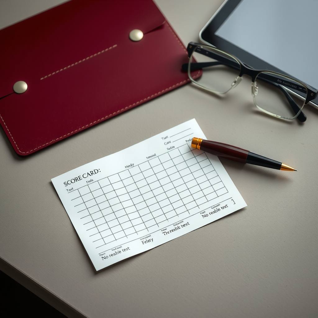 Printed scorecard grid on a desk beside a pen, reading glasses and a tablet