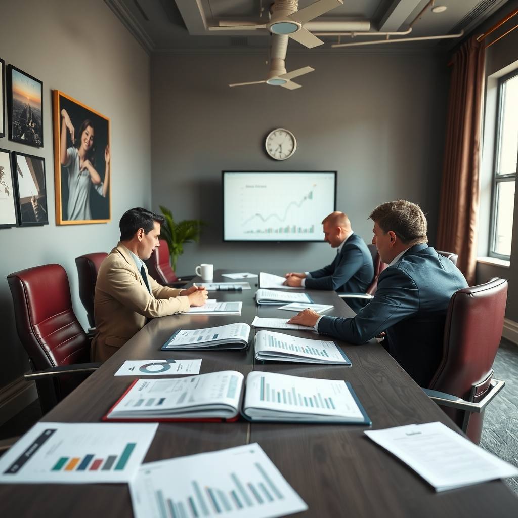 Deal team reviewing market charts and printed diligence materials around a conference table