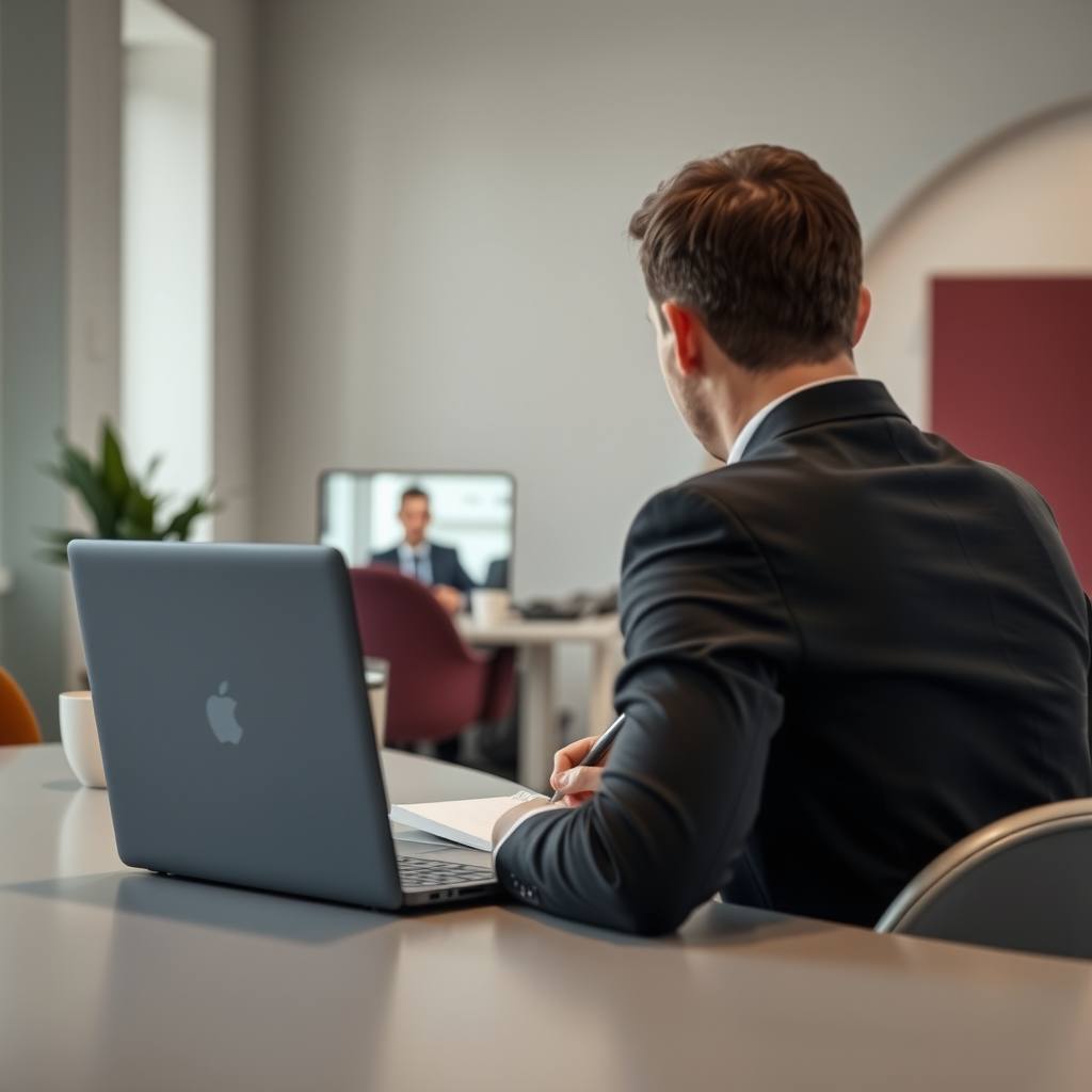 A buyer on a video sales call taking notes at a desk
