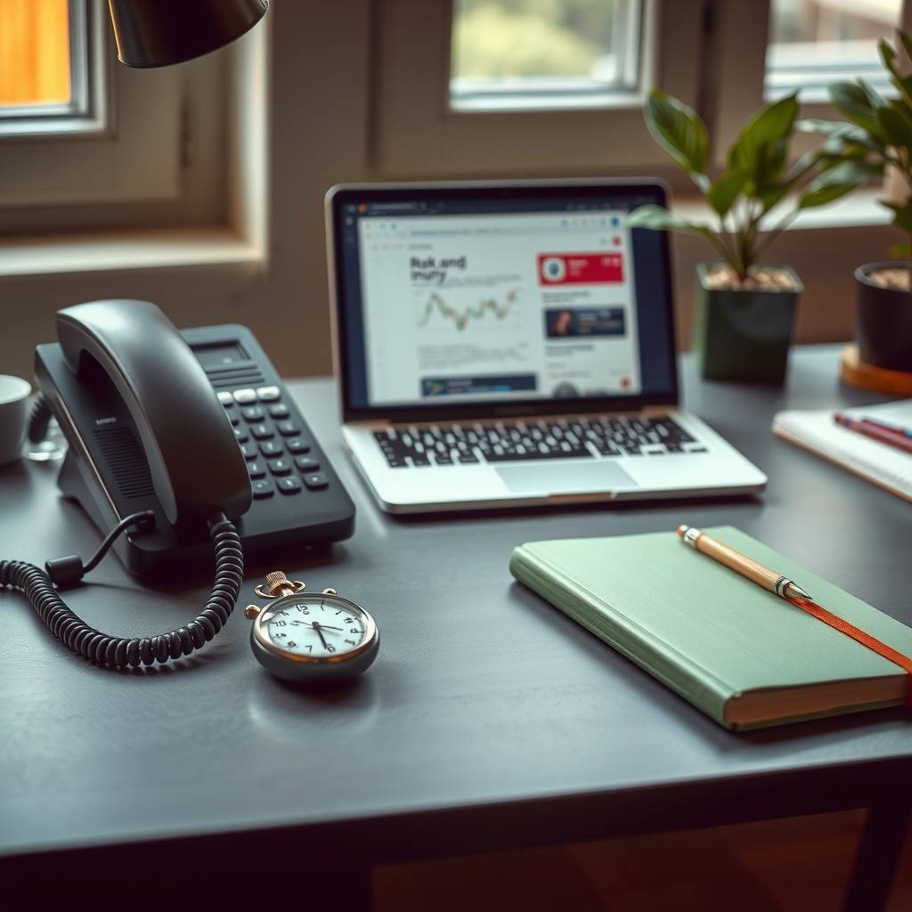 A desk phone and a laptop showing an inbound inquiry beside a stopwatch in a quiet sales office