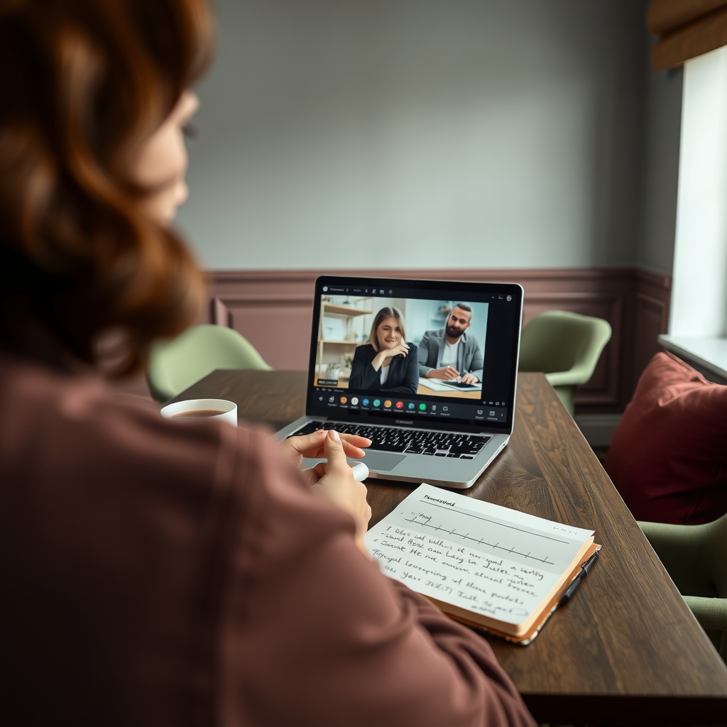 A buyer's notebook, laptop and coffee on a conference table during a video sales call