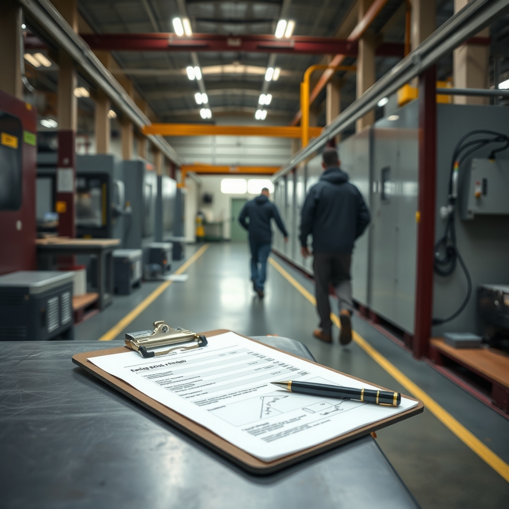 A clipboard with a printed spec sheet on a workbench in a clean manufacturing facility, machinery softly blurred behind