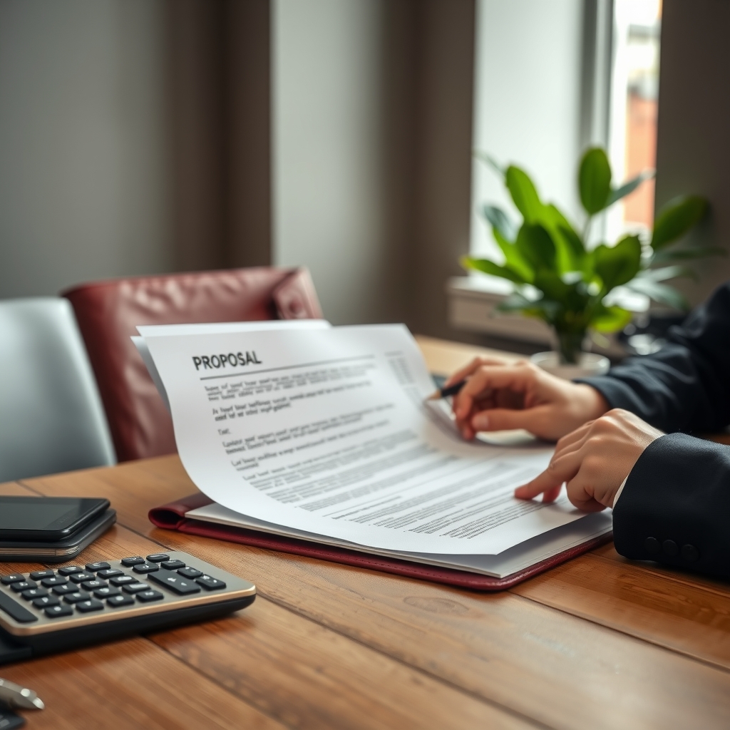 A printed commercial insurance proposal and a calculator on a desk in a quiet office, with a person reviewing pages