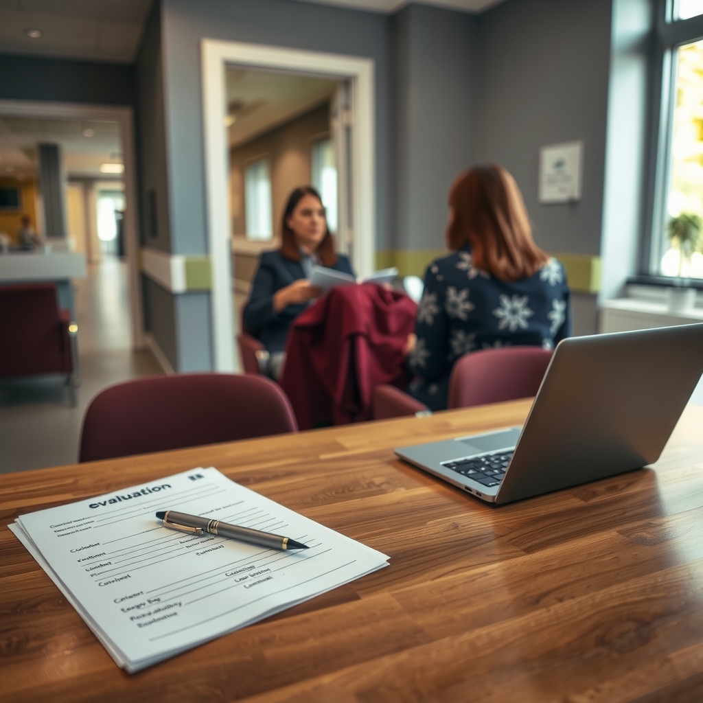 A conference table in a hospital administrative office with printed evaluation forms and a closed laptop, corridor softly blurred