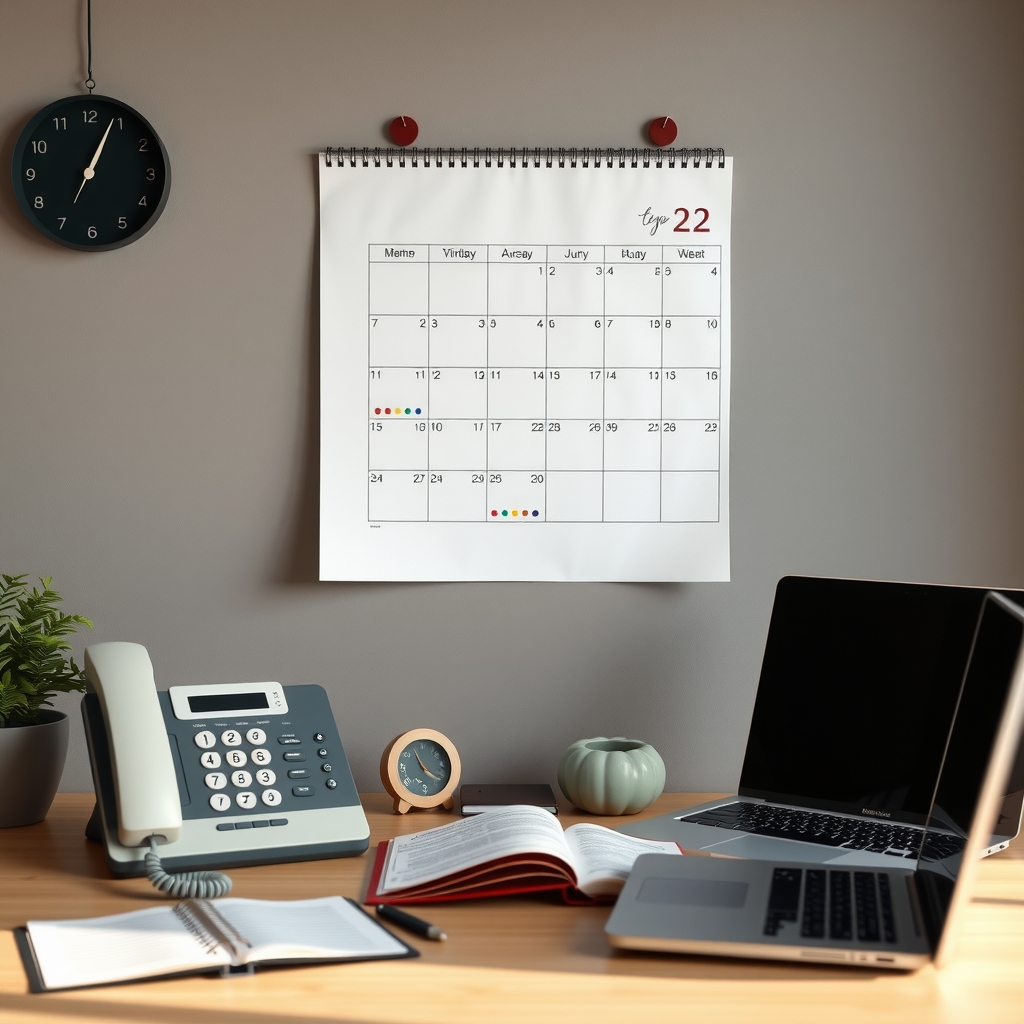 A wall calendar with a two-week block marked beside a desk phone and an open notebook in a sales office