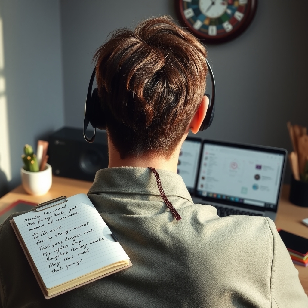 Person seen from behind at a desk wearing a headset, with a notebook of handwritten timestamps beside a laptop
