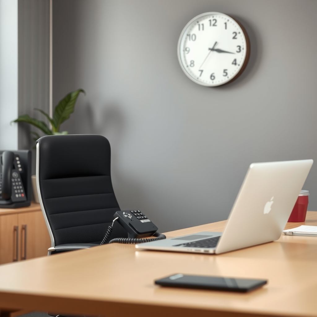An empty office chair beside a ringing desk phone and a laptop with an unread inbox, late afternoon light