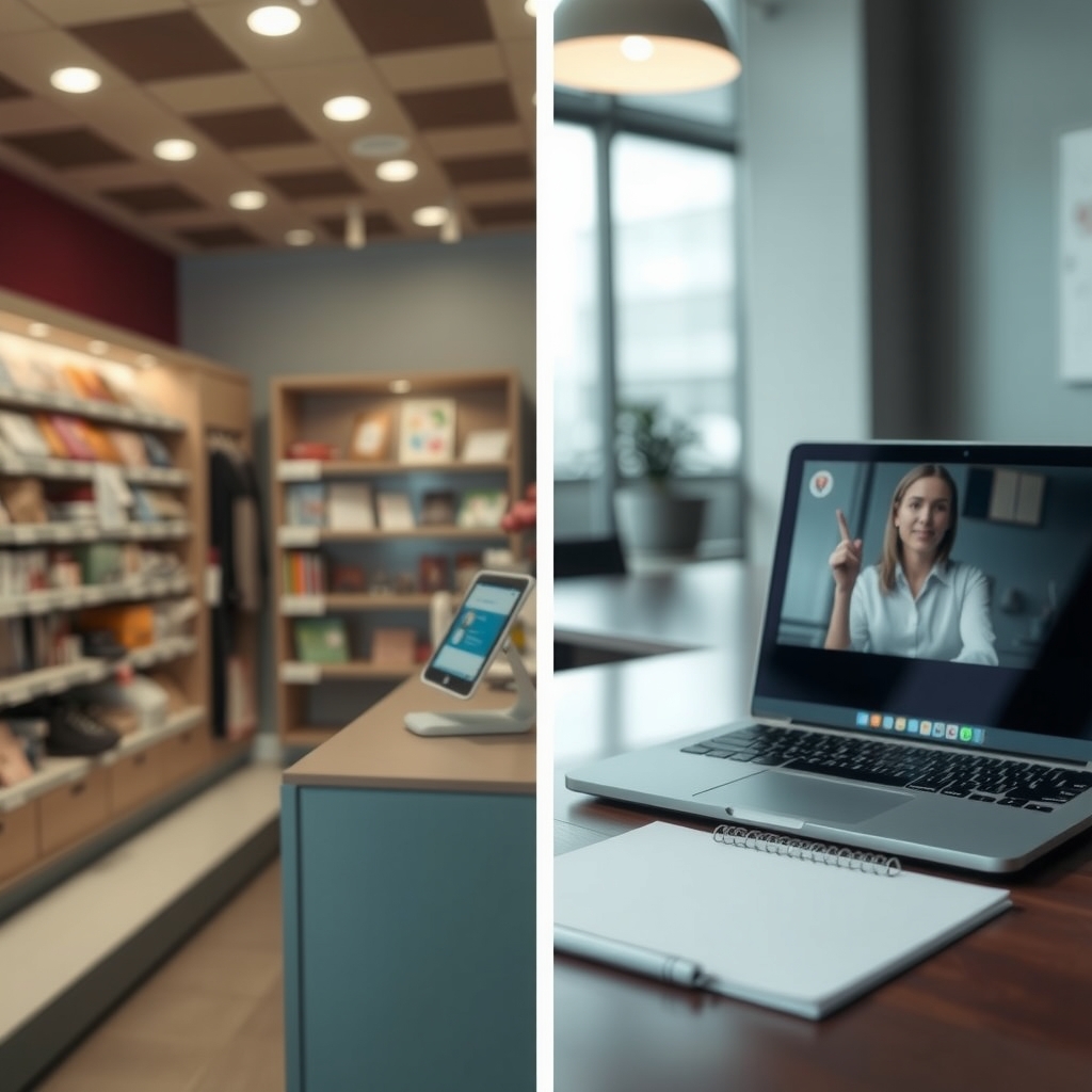 Split scene of a retail store counter on one side and a business meeting room with a video call on the other