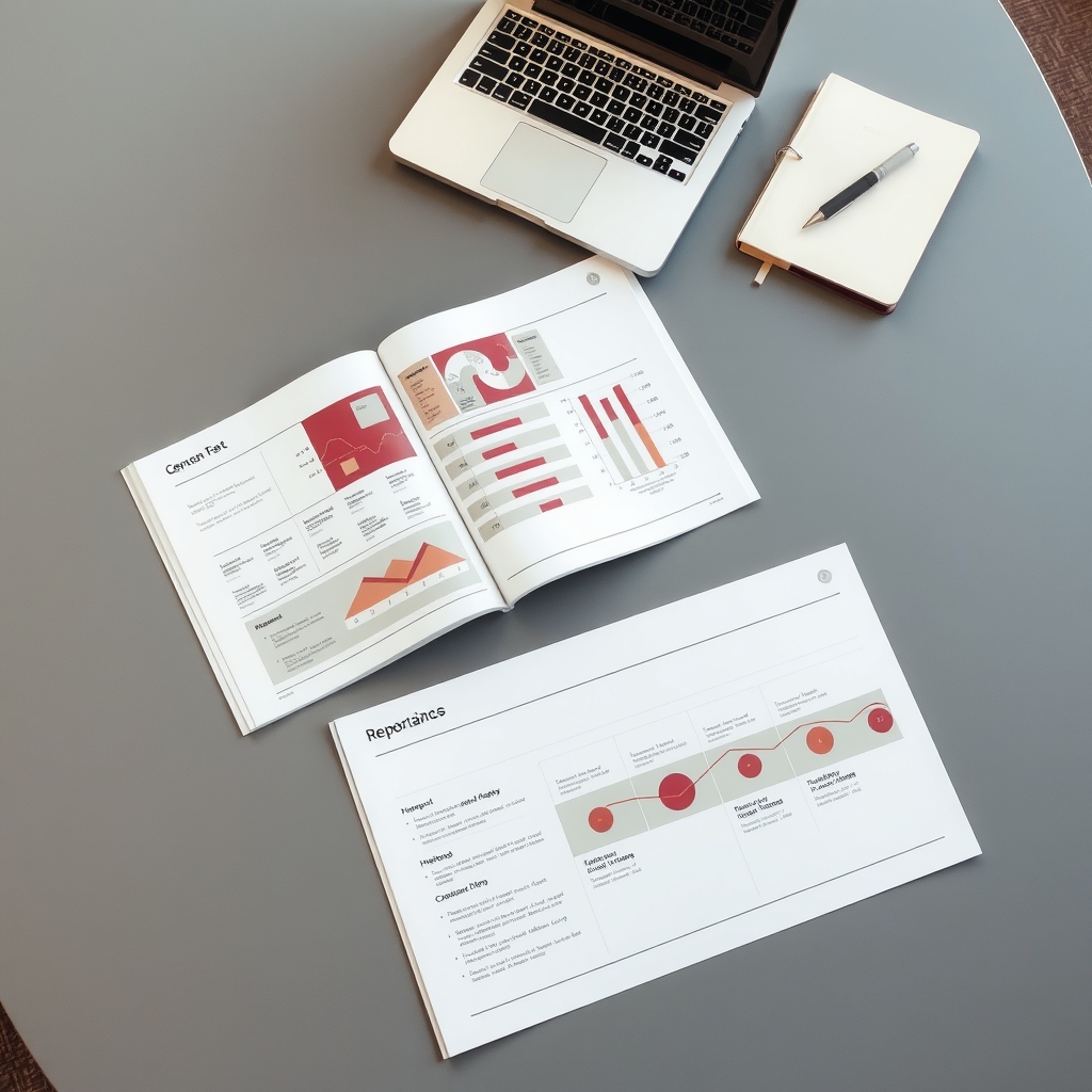 Printed report pages with tables and a timeline spread across a conference table next to a laptop