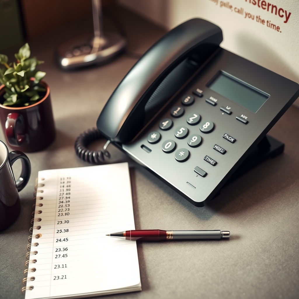 A desk phone with its handset lifted beside a notepad of call times in a quiet office