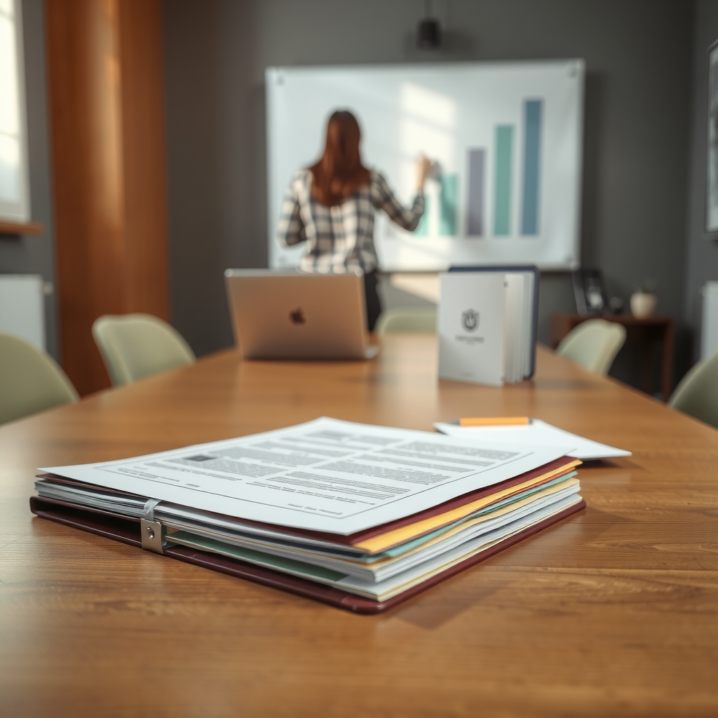 A printed proposal document with tabbed sections on a meeting table beside a laptop and notepad in a consulting office