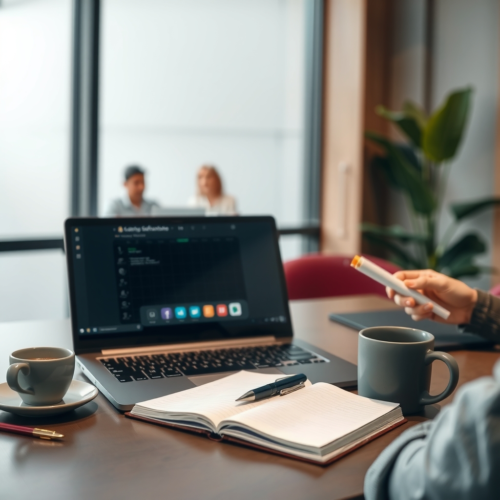 A laptop showing a blurred video call beside a notebook with handwritten notes and a coffee cup in a quiet software office