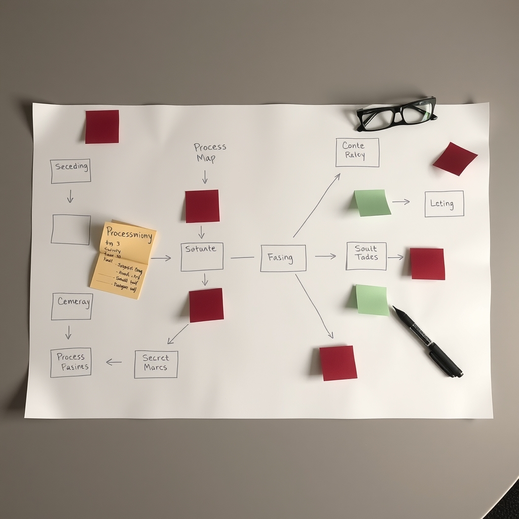 A whiteboard-style process map of sales stages on a table, with sticky notes and a pen