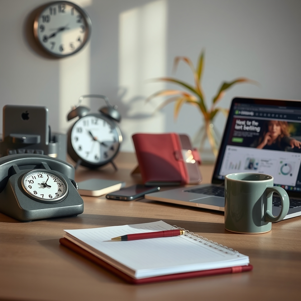 A wall clock, a desk phone and an open laptop on an empty sales desk in late afternoon light